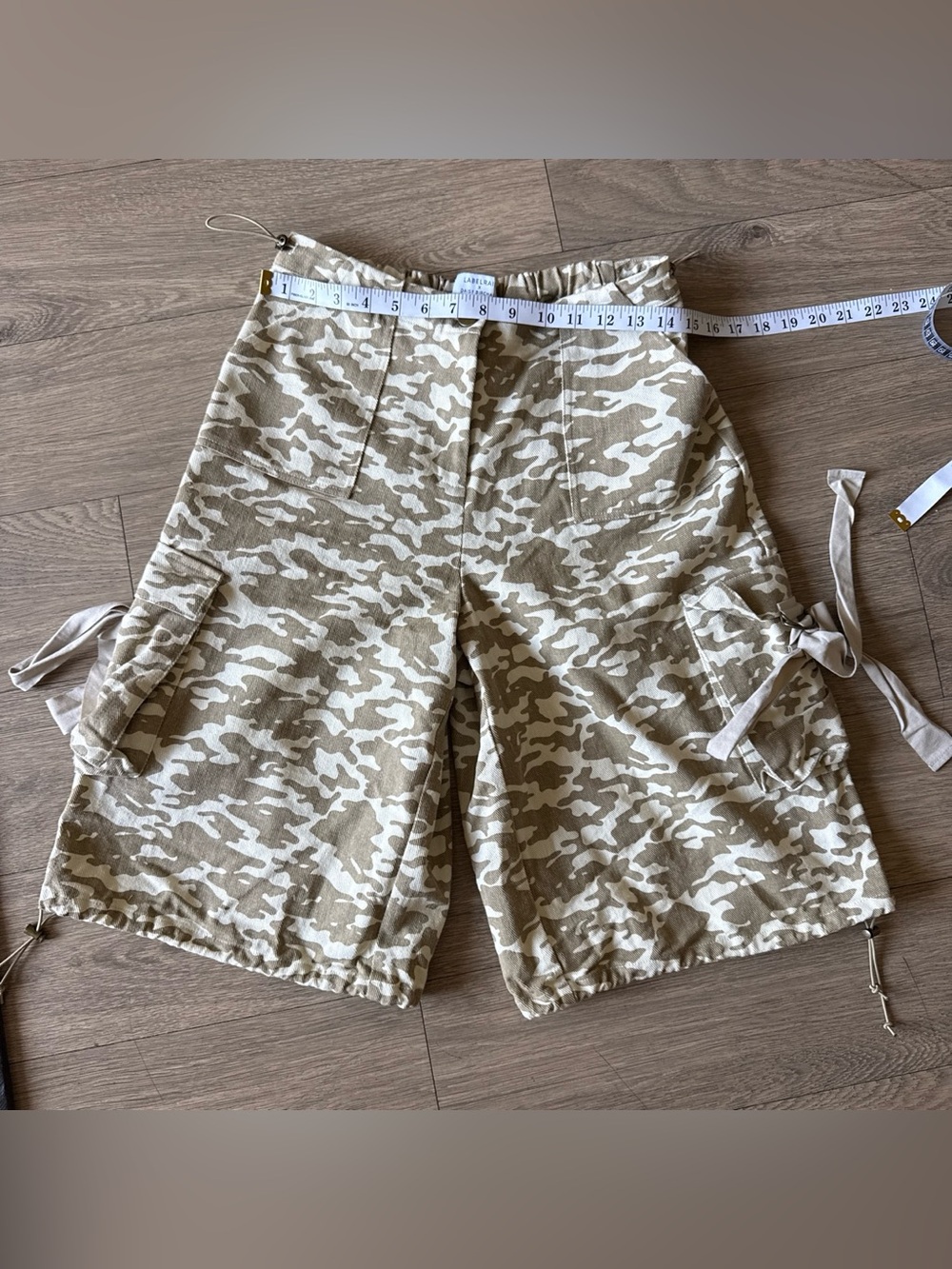 Women's Tan Camo Cargo Shorts with Tie Details